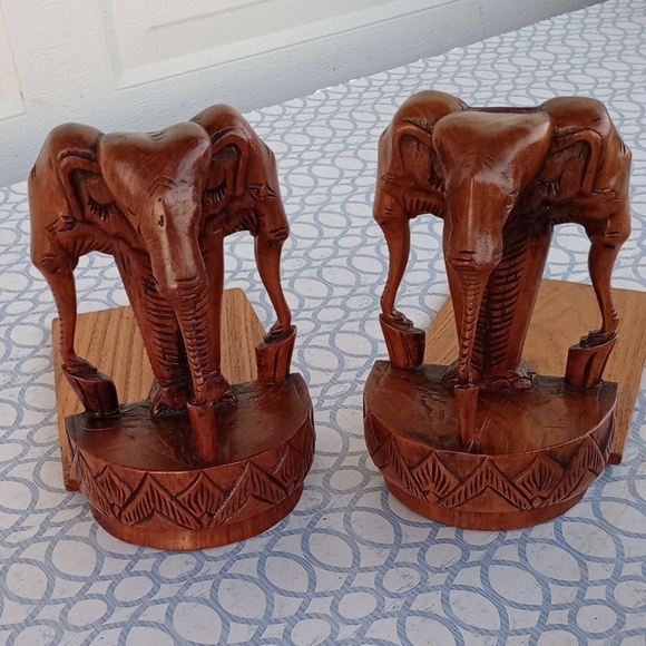 Hand Crafted Other - 🐘 Vintage Hand Carved Wooden Elephant Bookends – Boho Safari Decor – Solid Wood